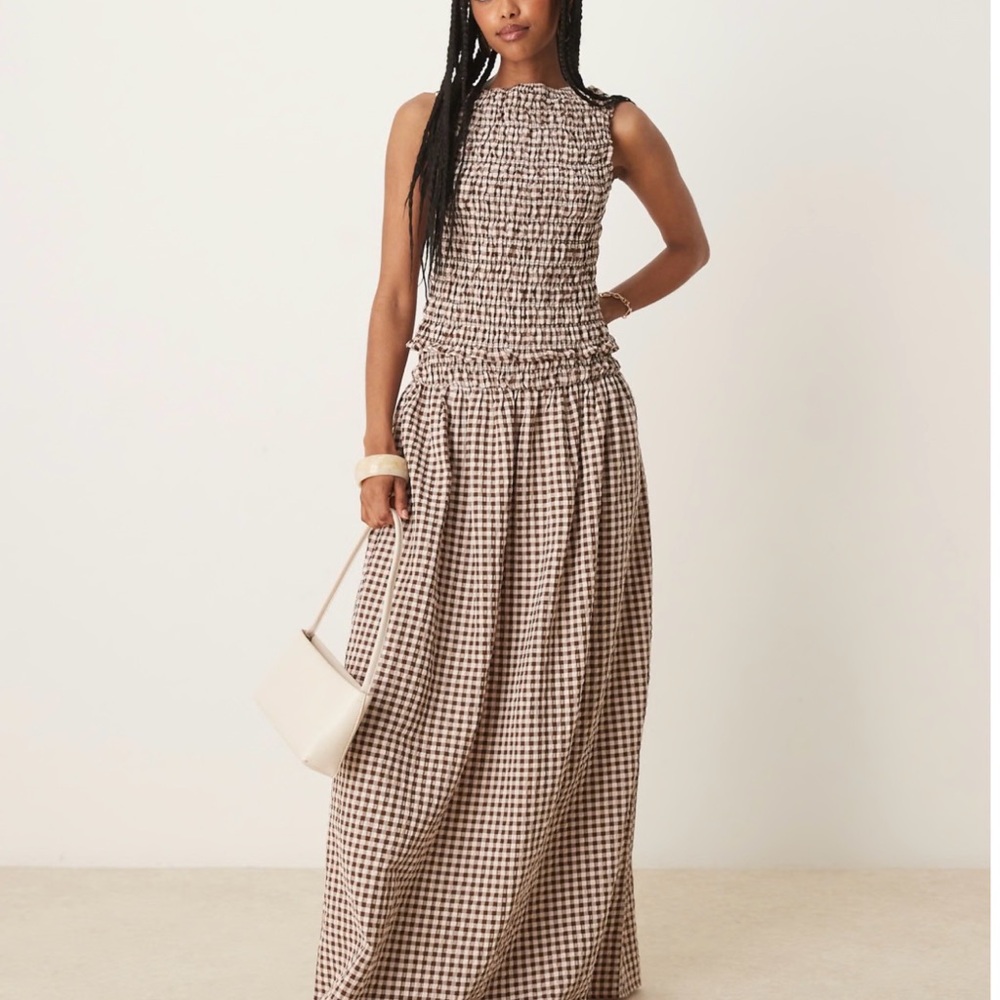 ASOS DESIGN shirred sleeveless tank in brown gingham and skirt